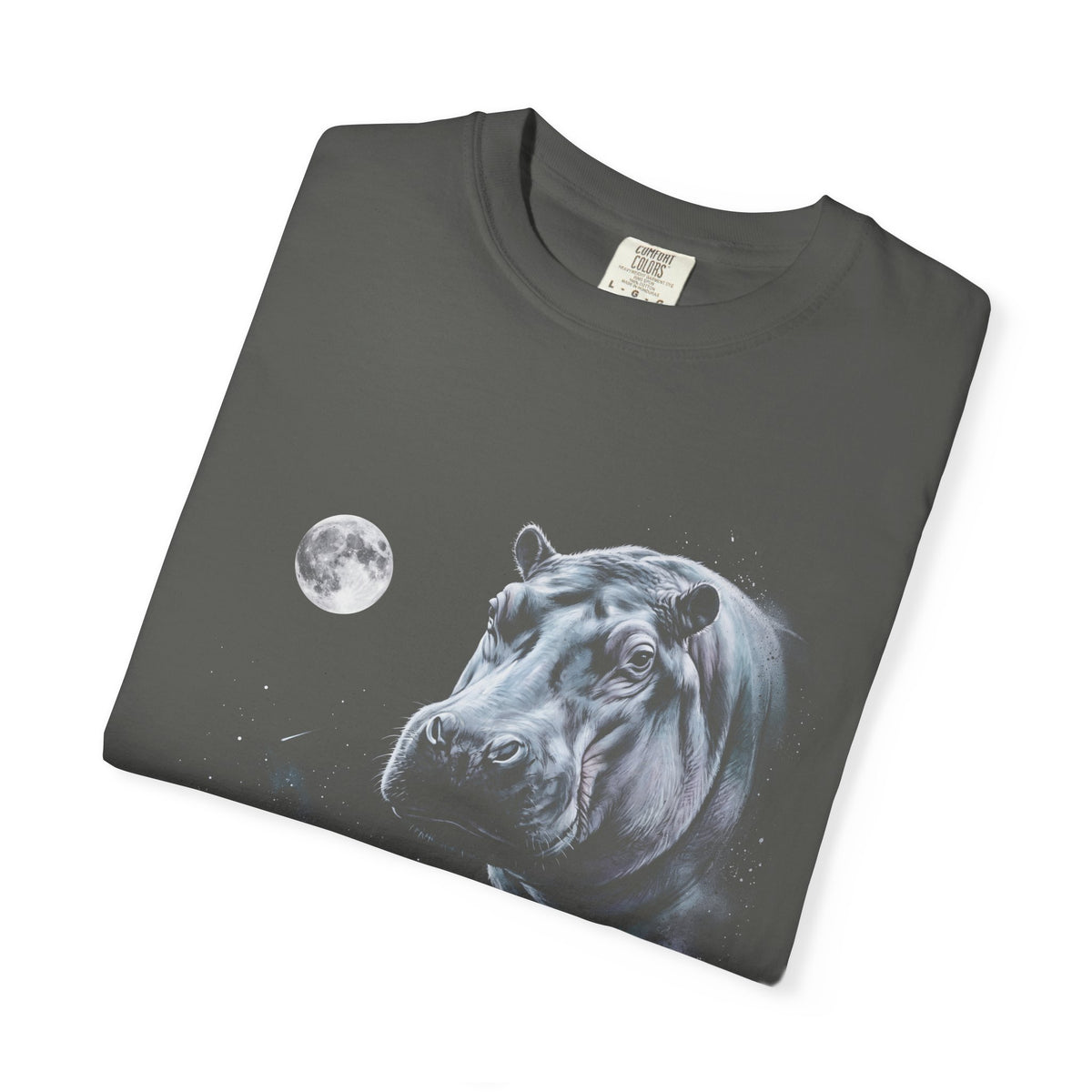 Airbrushed hippo howling at a full moon in cold monochrome blues, greys and violet on black, 1990s nature-tee style.
