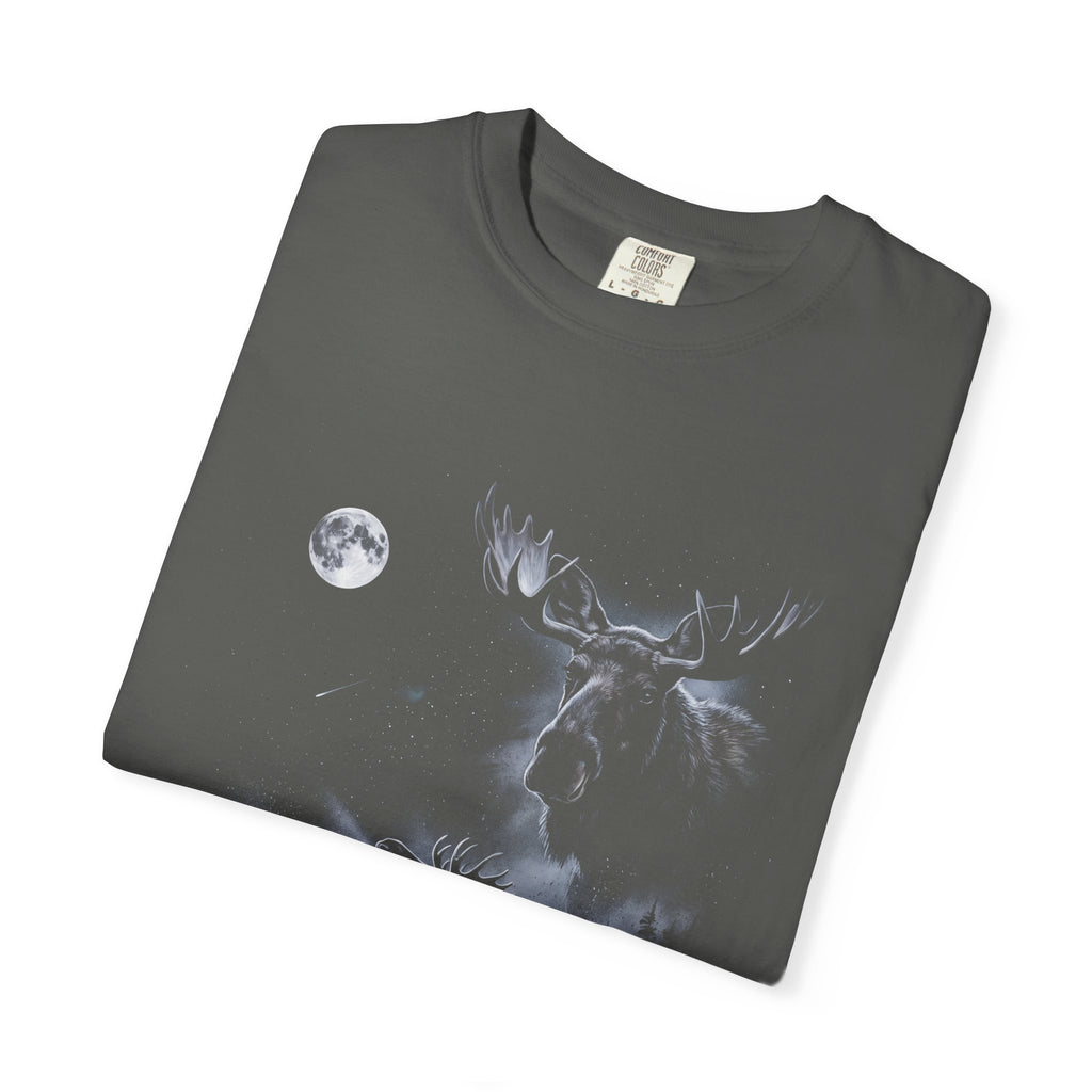 Airbrushed 1990s-style art of a moose howling at the moon in cold silver, grey, and ice blue on black.