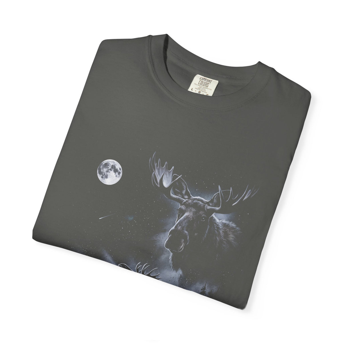 Airbrushed 1990s-style art of a moose howling at the moon in cold silver, grey, and ice blue on black.