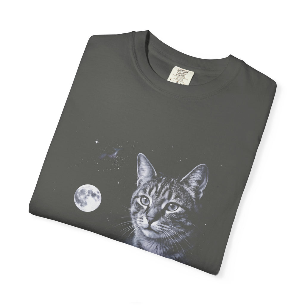 Cold moonlit airbrush illustration of a house cat howling at the moon, in ash grey, silver, and ice blue on black.