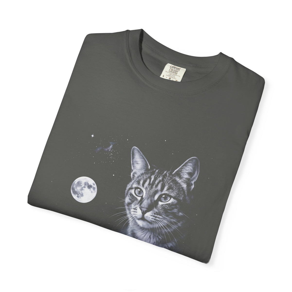 Cold moonlit airbrush illustration of a house cat howling at the moon, in ash grey, silver, and ice blue on black.