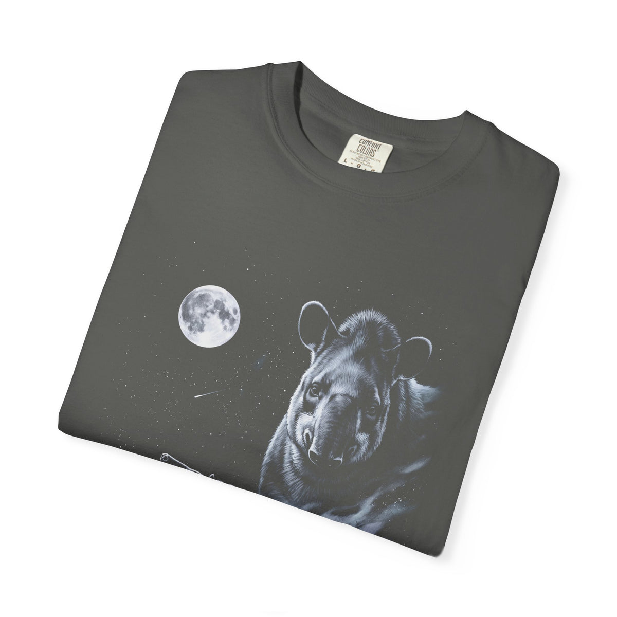 Airbrushed 90s-style tapir howling at a cold, near-monochrome moon in silver, ash grey, and ice blue on black.