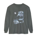 Airbrushed hippo howling at a cold moon in white, silver, and ice blue on black, 90s nature-tee style.