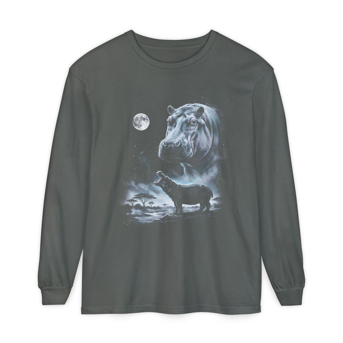 Airbrushed hippo howling at a cold moon in white, silver, and ice blue on black, 90s nature-tee style.