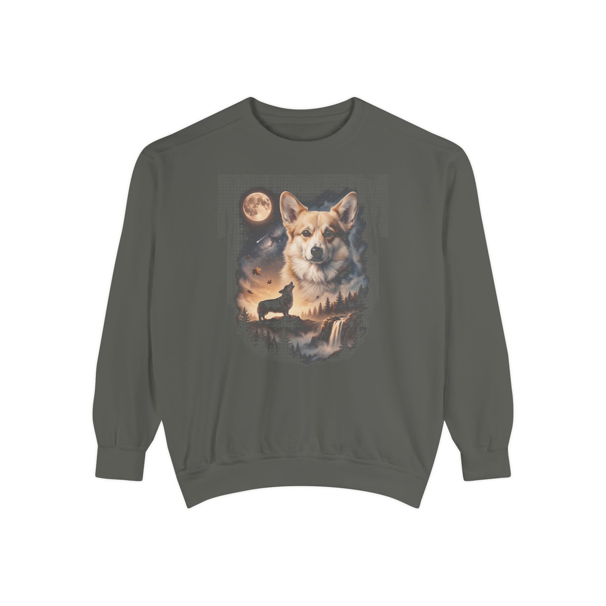 Dark crewneck with airbrushed art of a corgi above a smaller corgi howling at a full moon over misty hills