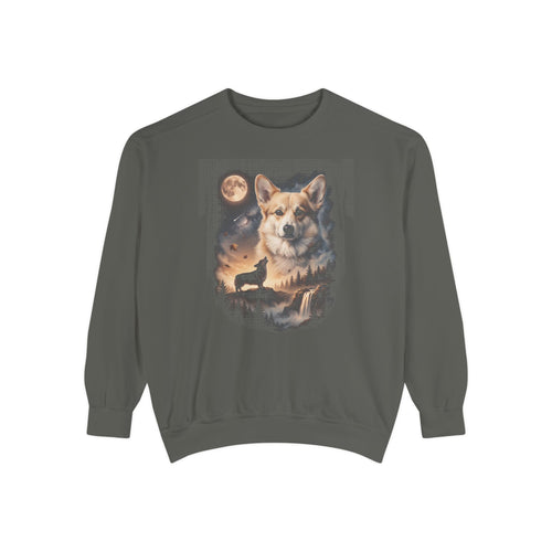 Dark crewneck with airbrushed art of a corgi above a smaller corgi howling at a full moon over misty hills