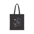 Airbrushed selkirk rex with tousled curly fur howling at a cold moon, monochrome blue-grey on black.