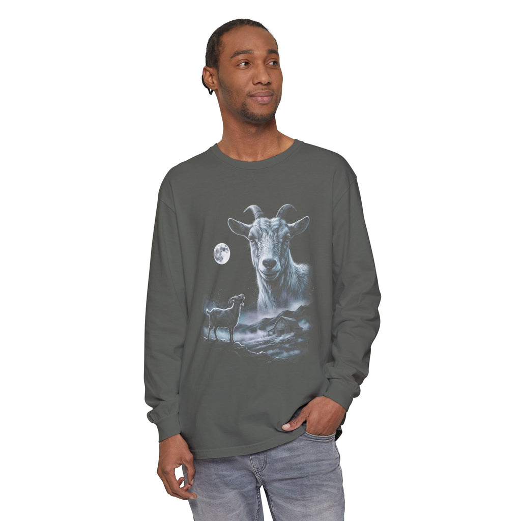 Airbrushed goat howling at a cold moonlit sky, ash grey and ice blue on black, 1990s nature-tee style.