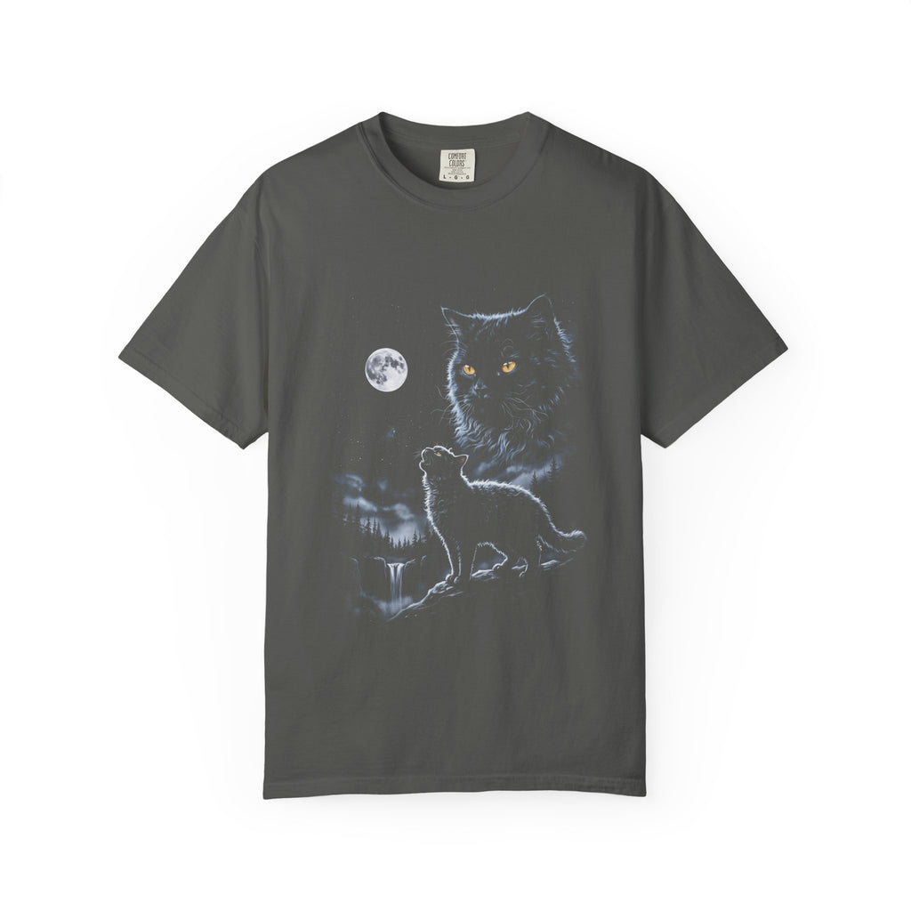 Airbrushed selkirk rex with matted curly fur howling at the moon in cold monochrome moonlight, retro 90s nature-tee style.