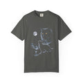 Airbrushed selkirk rex with matted curly fur howling at the moon in cold monochrome moonlight, retro 90s nature-tee style.