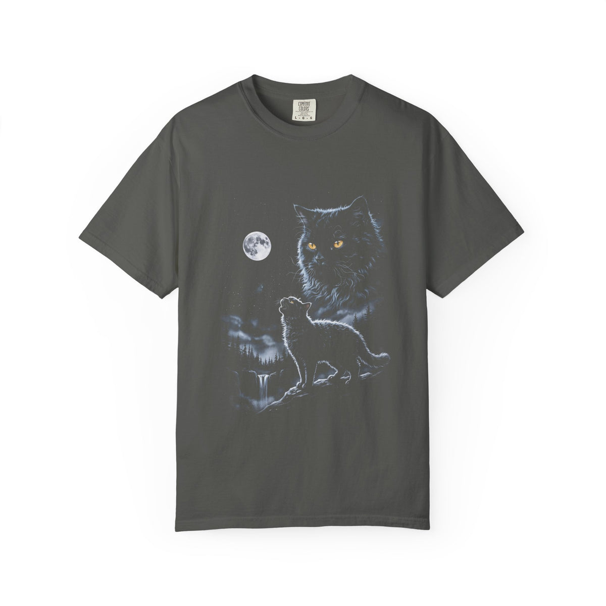 Airbrushed selkirk rex with matted curly fur howling at the moon in cold monochrome moonlight, retro 90s nature-tee style.