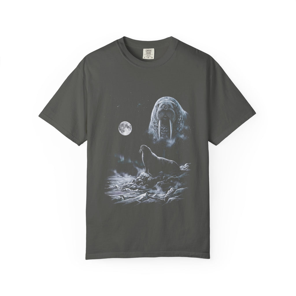 Retro airbrushed walrus howling at the moon in white, silver, and ice blue on black, 90s nature-tee style.