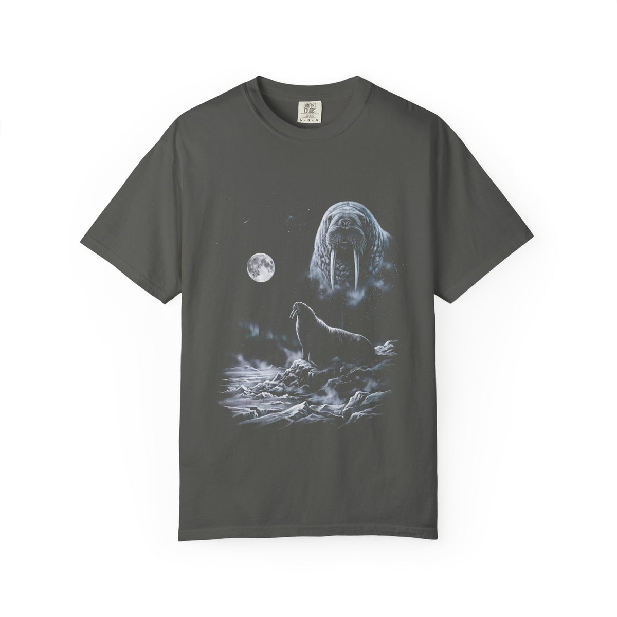 Retro airbrushed walrus howling at the moon in white, silver, and ice blue on black, 90s nature-tee style.