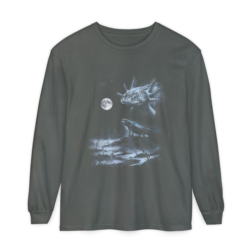 Black-and-white 1990s airbrush-style illustration of an axolotl howling at a cold moon.