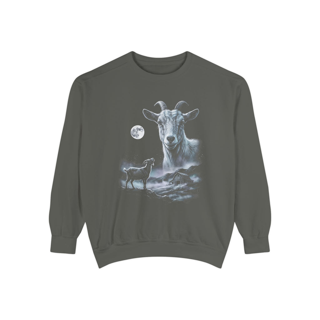 Airbrushed goat howling at the moon in cold white, silver and ice-blue on black, retro 90s nature-tee style.
