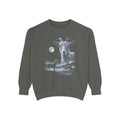 Airbrushed goat howling at the moon in cold white, silver and ice-blue on black, retro 90s nature-tee style.