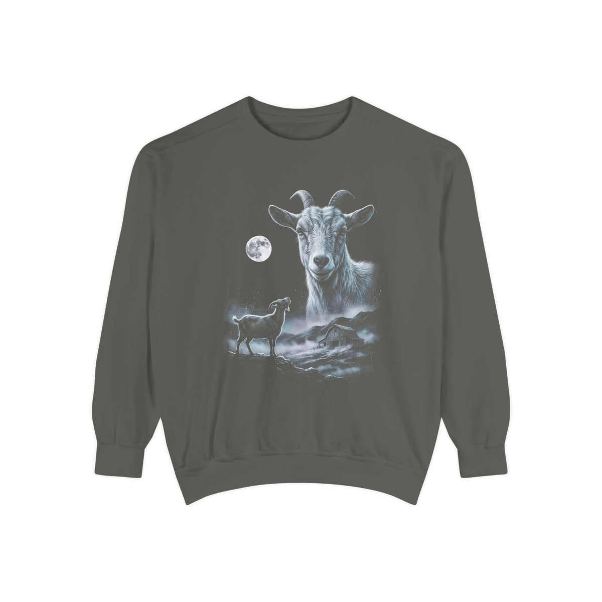 Airbrushed goat howling at the moon in cold white, silver and ice-blue on black, retro 90s nature-tee style.